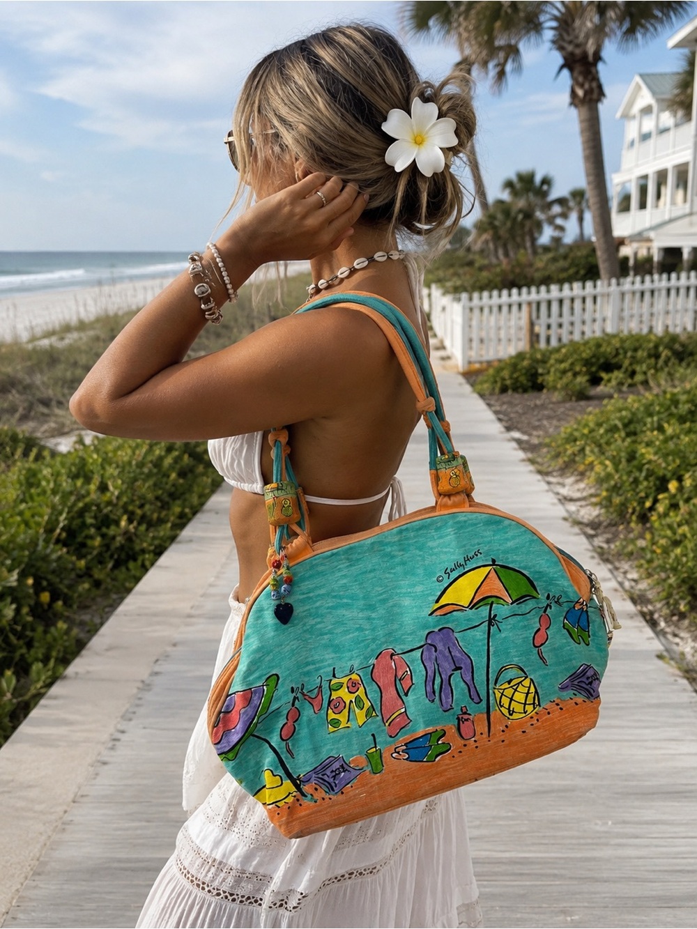 Sally Huss Beach Art Canvas Shoulder Tote Bag Colorful Whimsical Coastal